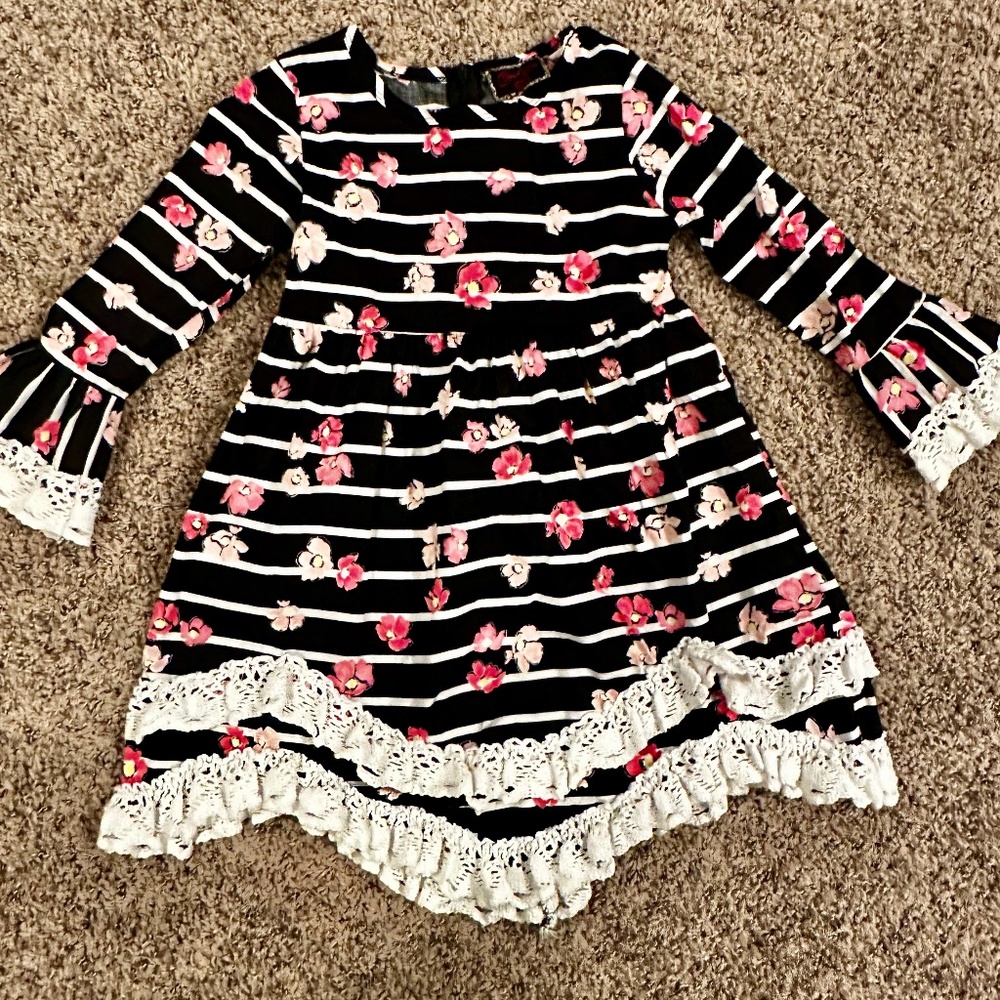 NWOT Black Floral Lace Trim A-Line Dress, sz 6-7